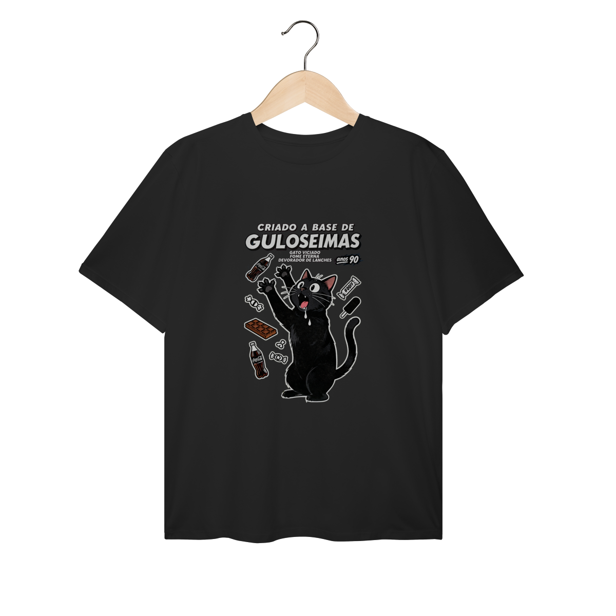 Nome do produto: Camiseta Criado Base Guloseimas Gato Viciado Fome Nostalgia