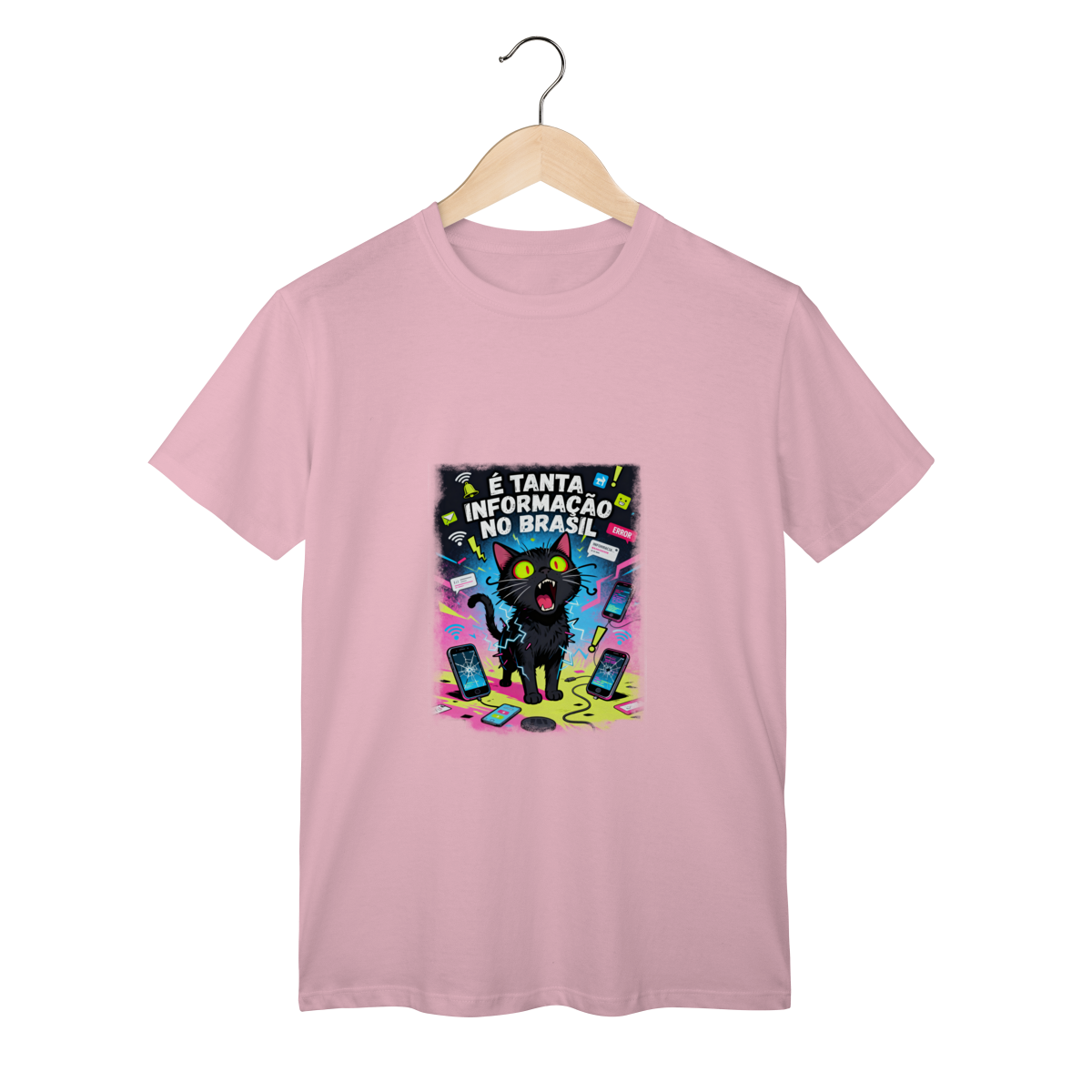 Nome do produto: Camiseta E Tanta Informação no Brasil - Gato Preto Surtado Meme
