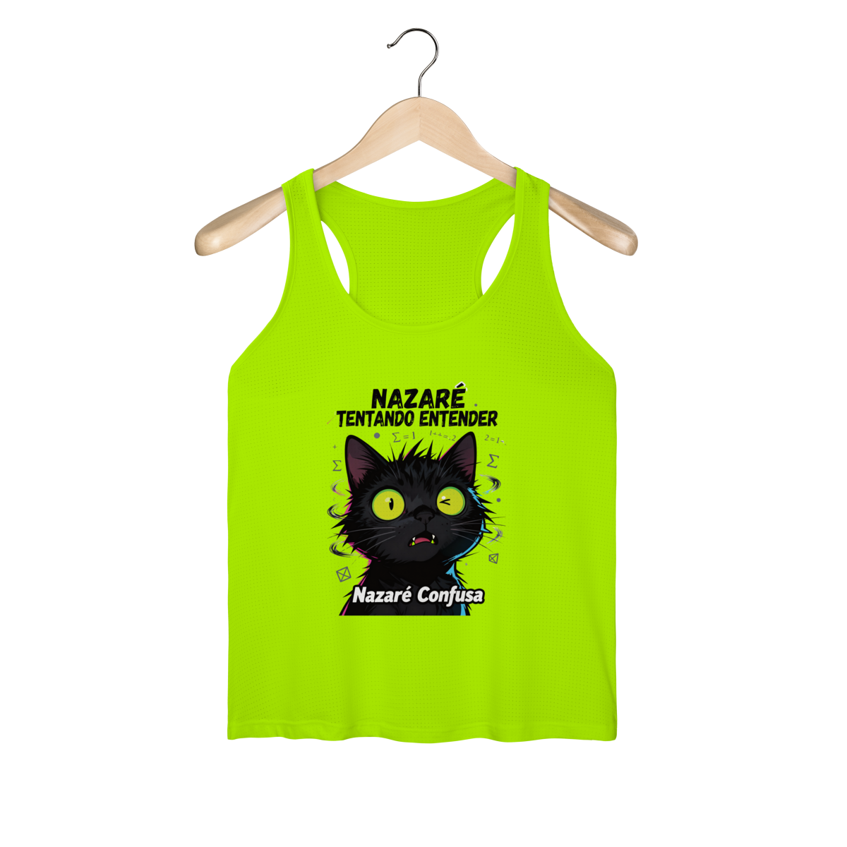 Nome do produto: Regata Fem Sport UV - NAZARÉ TENTANDO ENTENDER - GATO PRETO CONFUSO