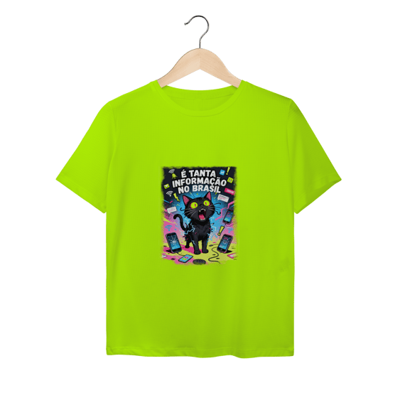 Camiseta É Tanta Informação no Brasil - Gato Preto Surtado Meme