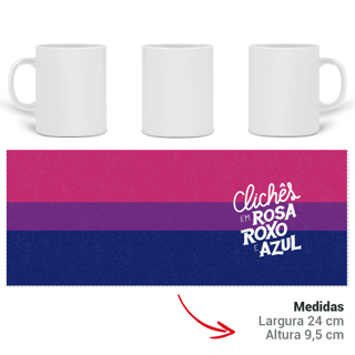 Nome do produto Caneca Clichês em rosa, roxo e azul
