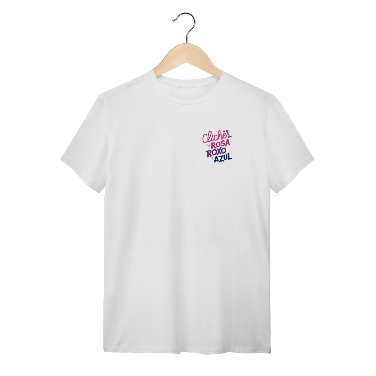 Nome do produto: Camiseta Clichês - Clichês em rosa, roxo e azul (BRANCA QUALITY)