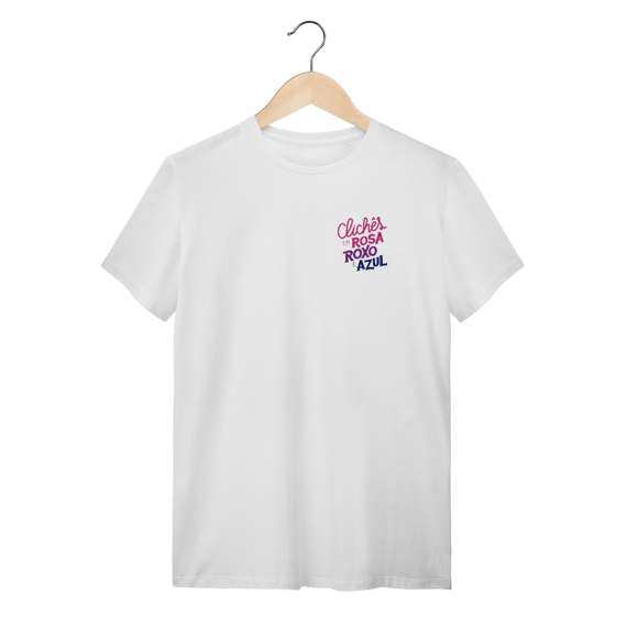 Camiseta Clichês - Clichês em rosa, roxo e azul (BRANCA QUALITY)