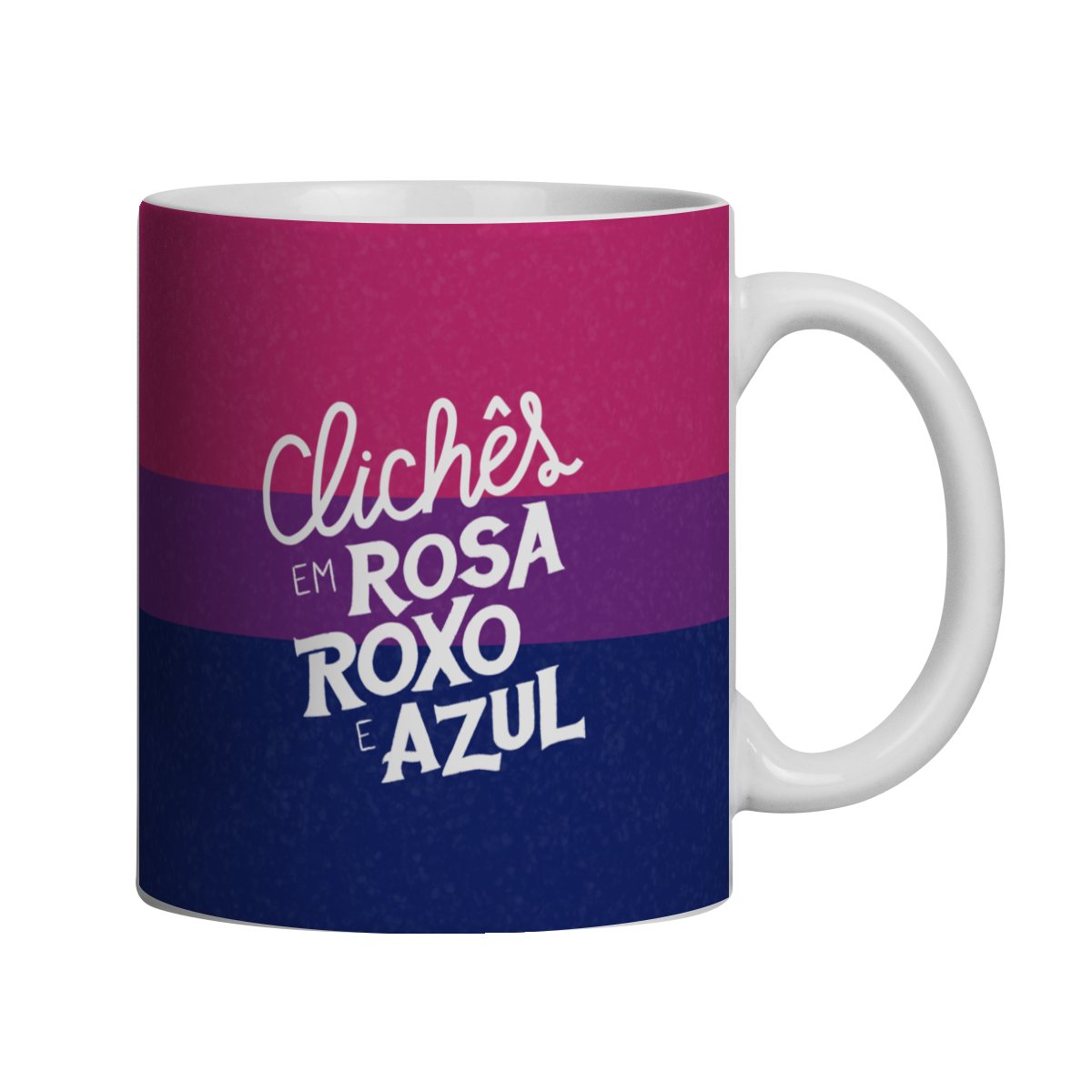 Nome do produto: Caneca Clichês em rosa, roxo e azul