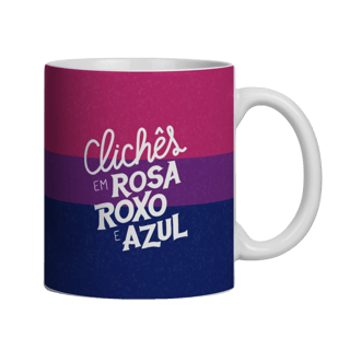 Caneca Clichês em rosa, roxo e azul