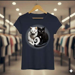 Camiseta Baby Long Quality - Yin Yang Felino Gatos Preto e Branco