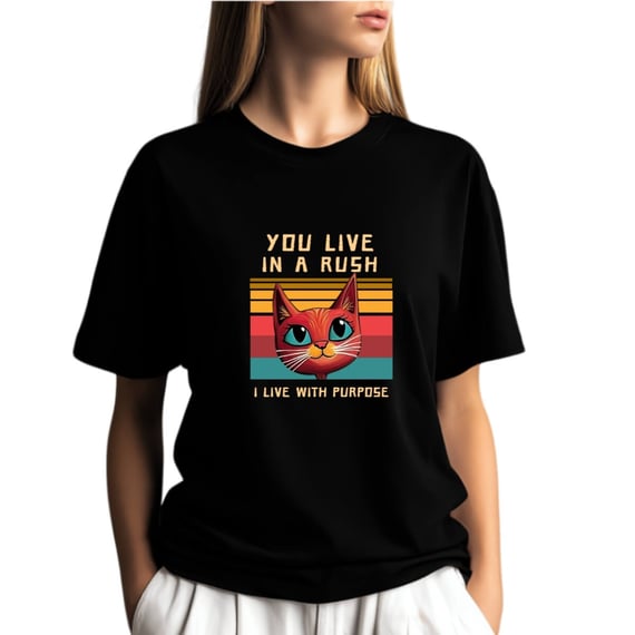 Camiseta Preta Gato You Live In A Rush - Malha Quality
