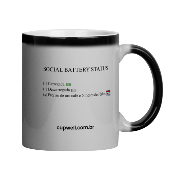 Caneca Social Battery: Status Preciso de Café e Férias | Cerâmica 325ml