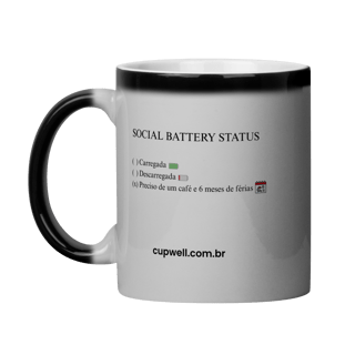 Nome do produto Caneca Social Battery: Status Preciso de Café e Férias | Cerâmica 325ml