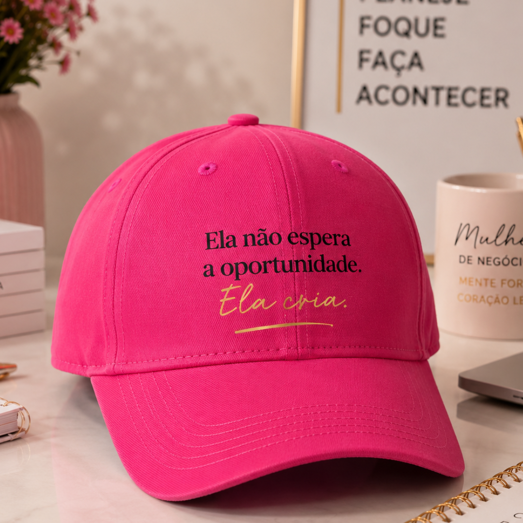 Boné Feminino Empreendedor Rosa Pink e Branco | Ela Não Espera. Ela Cria.