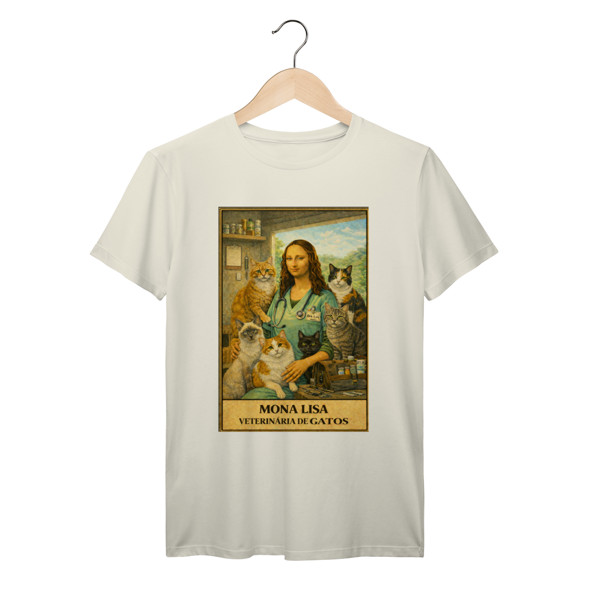 Nome do produto: Camiseta Mona Lisa Veterinária de Gatos 