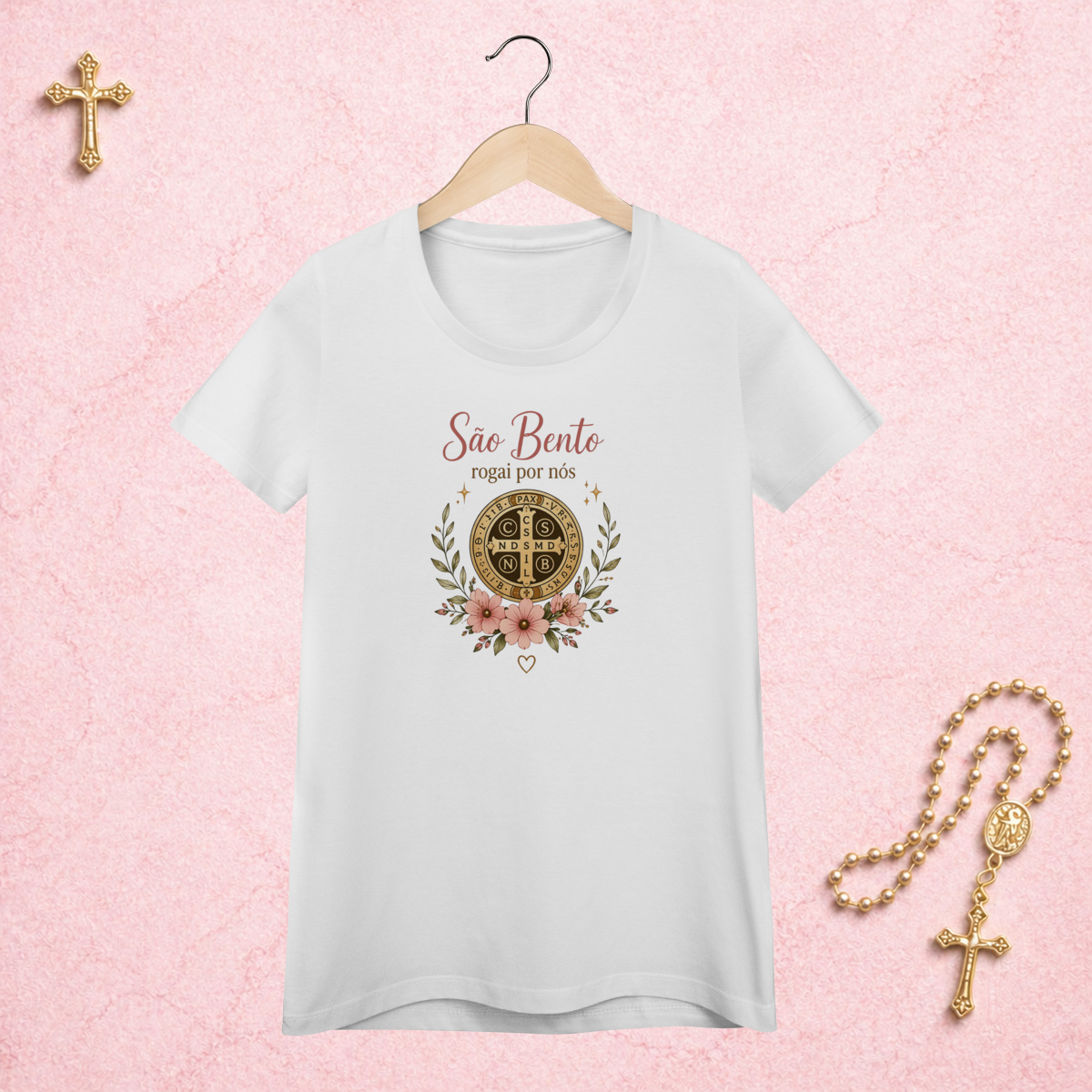 Nome do produto: Medalha de São Bento Floral - Feminina Estampa Central