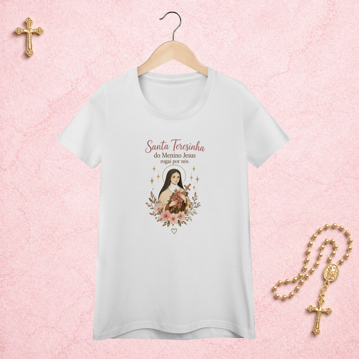 Nome do produto: Santa Teresinha Floral - Feminina Estampa Central