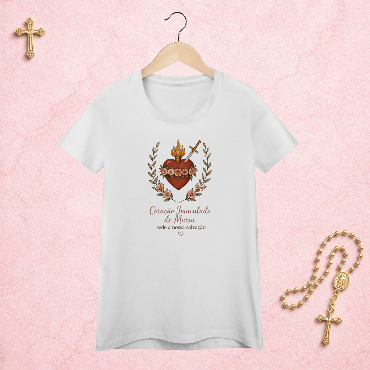 Nome do produto: Coração Imaculado Floral - Feminina Estampa Central