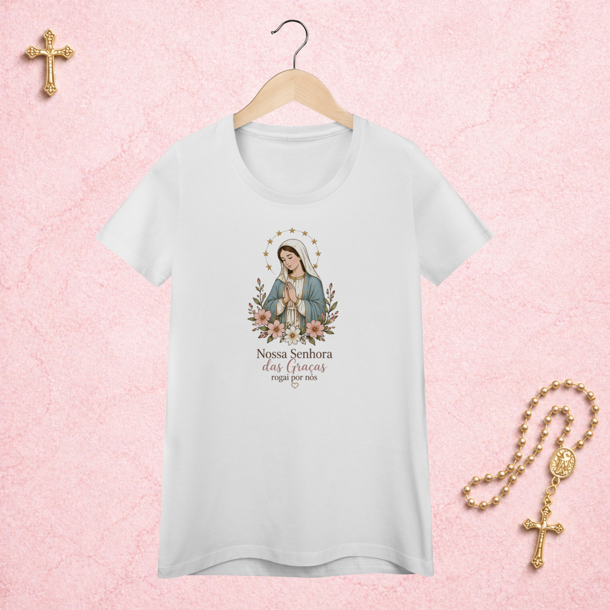 Nome do produto: Nossa Senhora das Graças Floral - Feminina Estampa Central