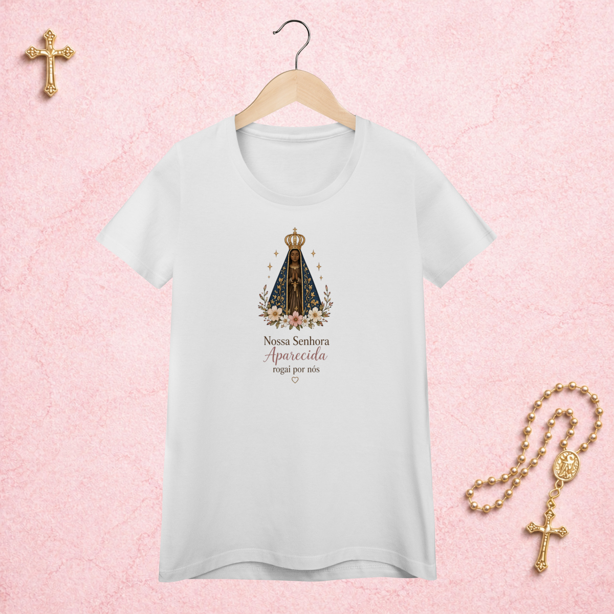 Nome do produto: Nossa Senhora Aparecida Floral - Feminina Estampa Central