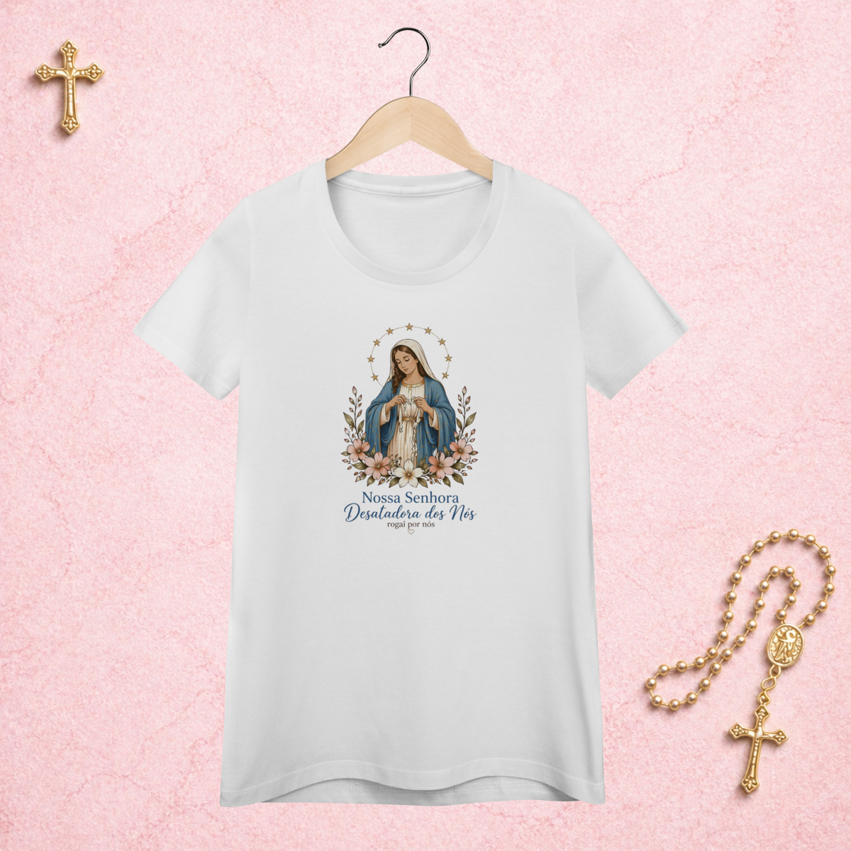 Nome do produto: Nossa Senhora Desatadora dos Nós Floral - Feminina Estampa Central