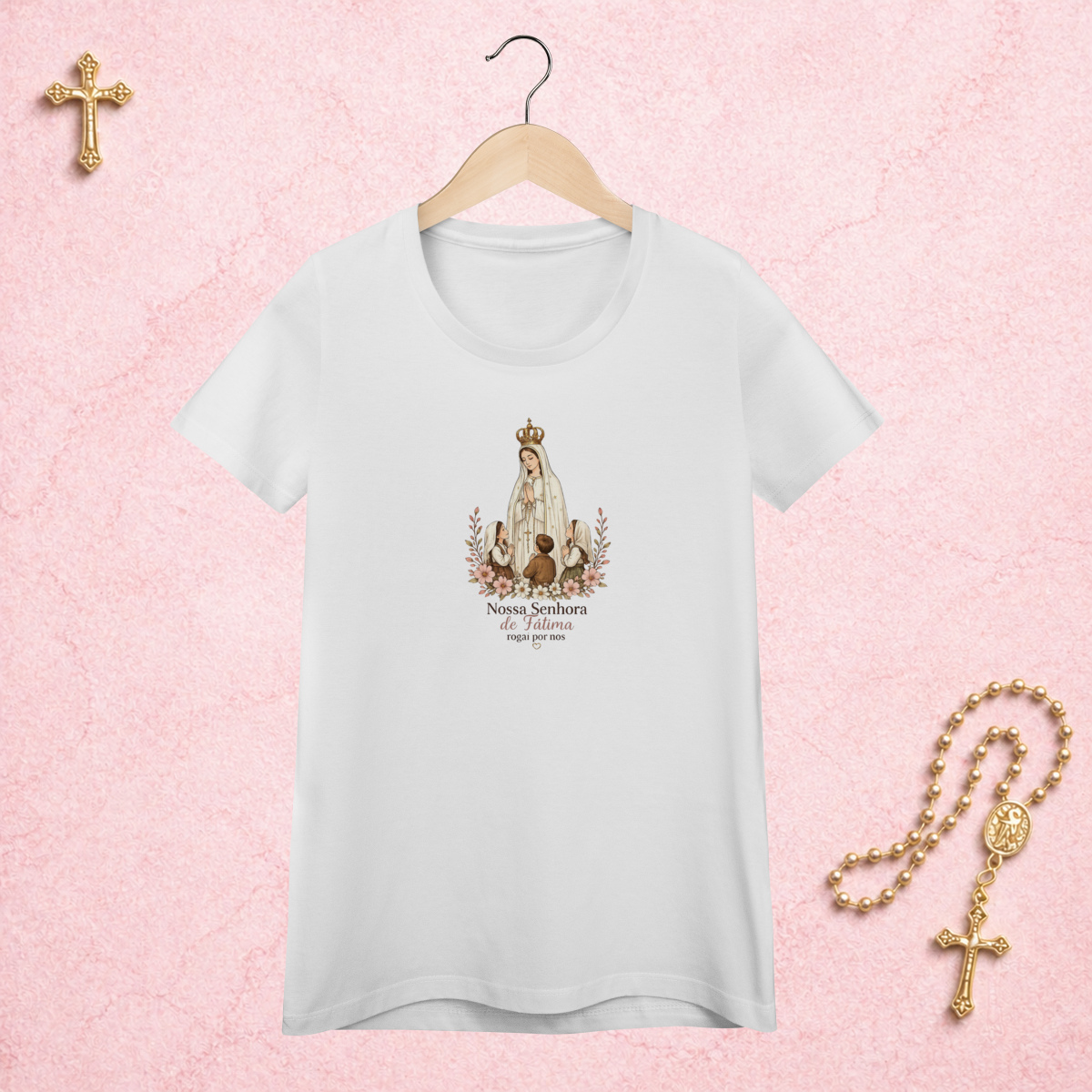 Nome do produto: Nossa Senhora de Fátima Floral - Feminina Estampa Central