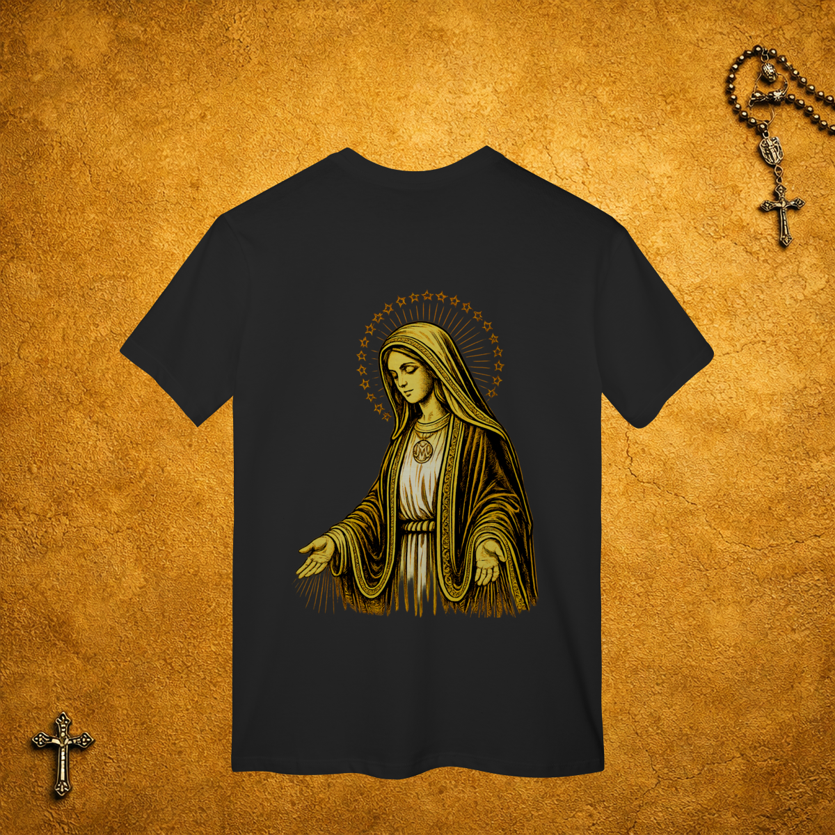 Nome do produto: Nossa Senhora das Graças Traços Pretos - Costas Dourada