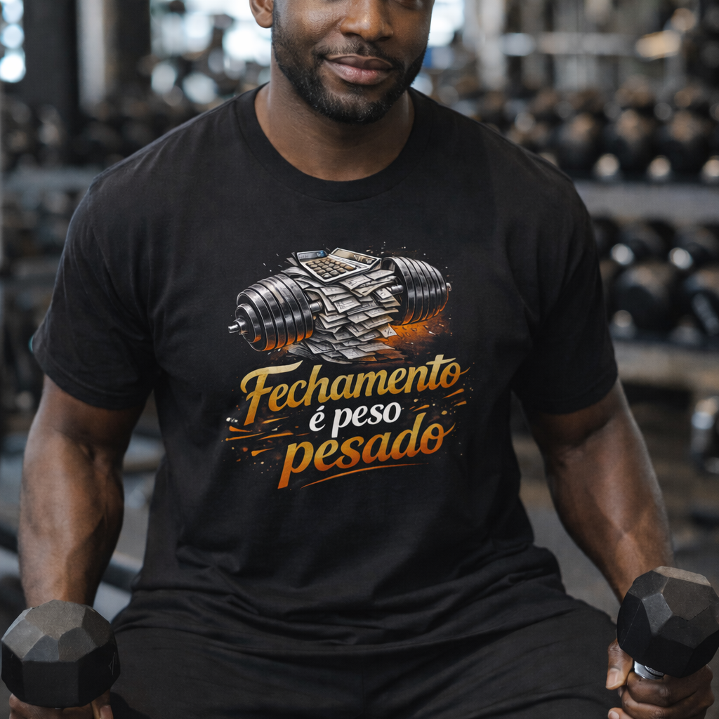 Nome do produto: Camiseta Unissex BRUMI — Fechamento É Peso Pesado