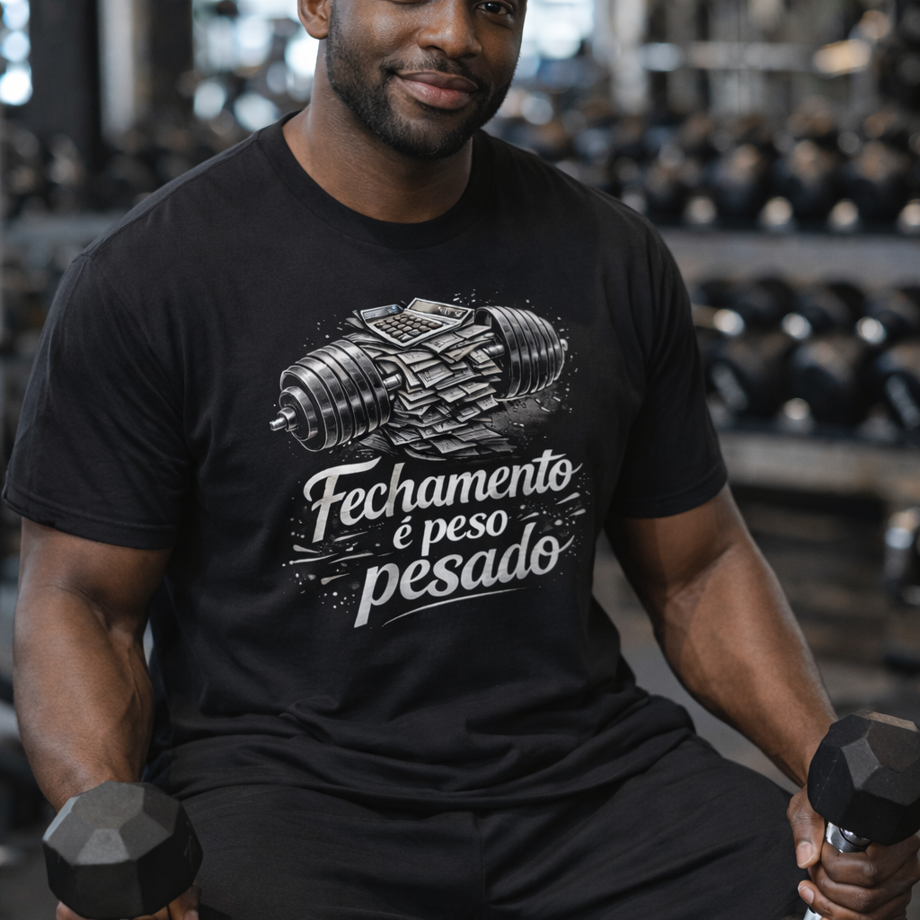 Nome do produto: Camiseta Unissex BRUMI — Fechamento É Peso Pesado