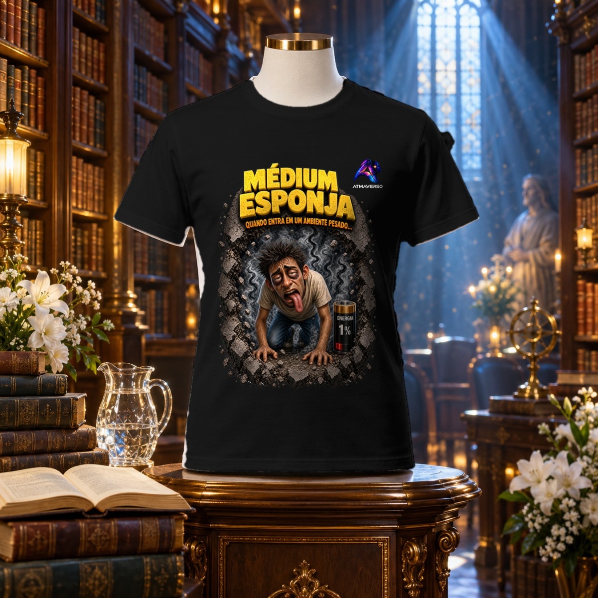 Camiseta Médium Esponja — Quando entra em um ambiente pesado — Entre Risos e Energias | ATMAVERSO