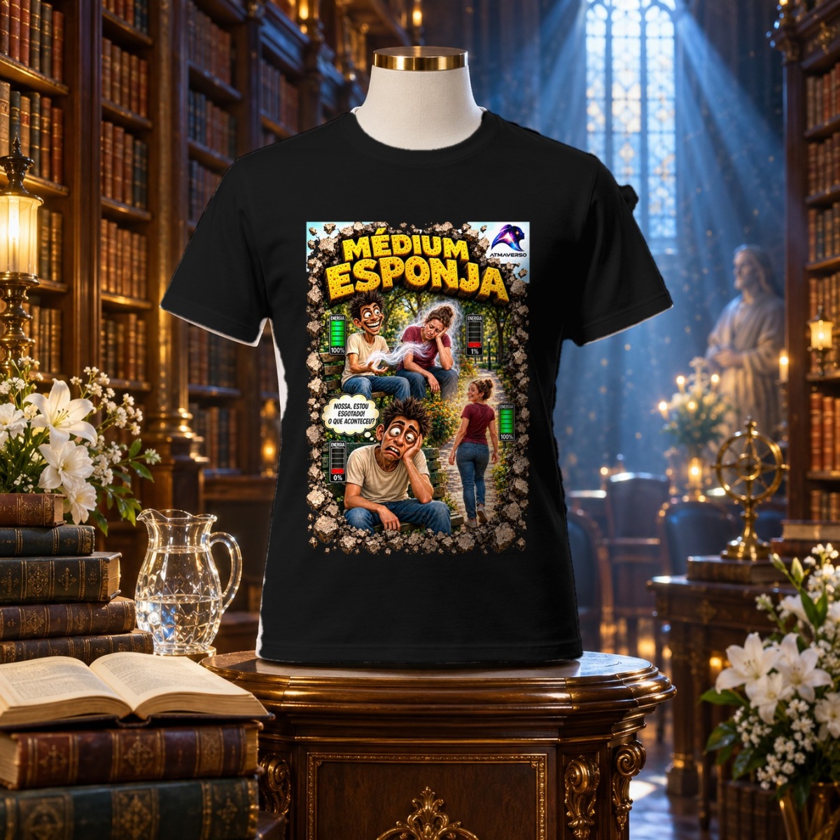 Camiseta Médium Esponja — Bateria fraca — Entre Risos e Energias | ATMAVERSO