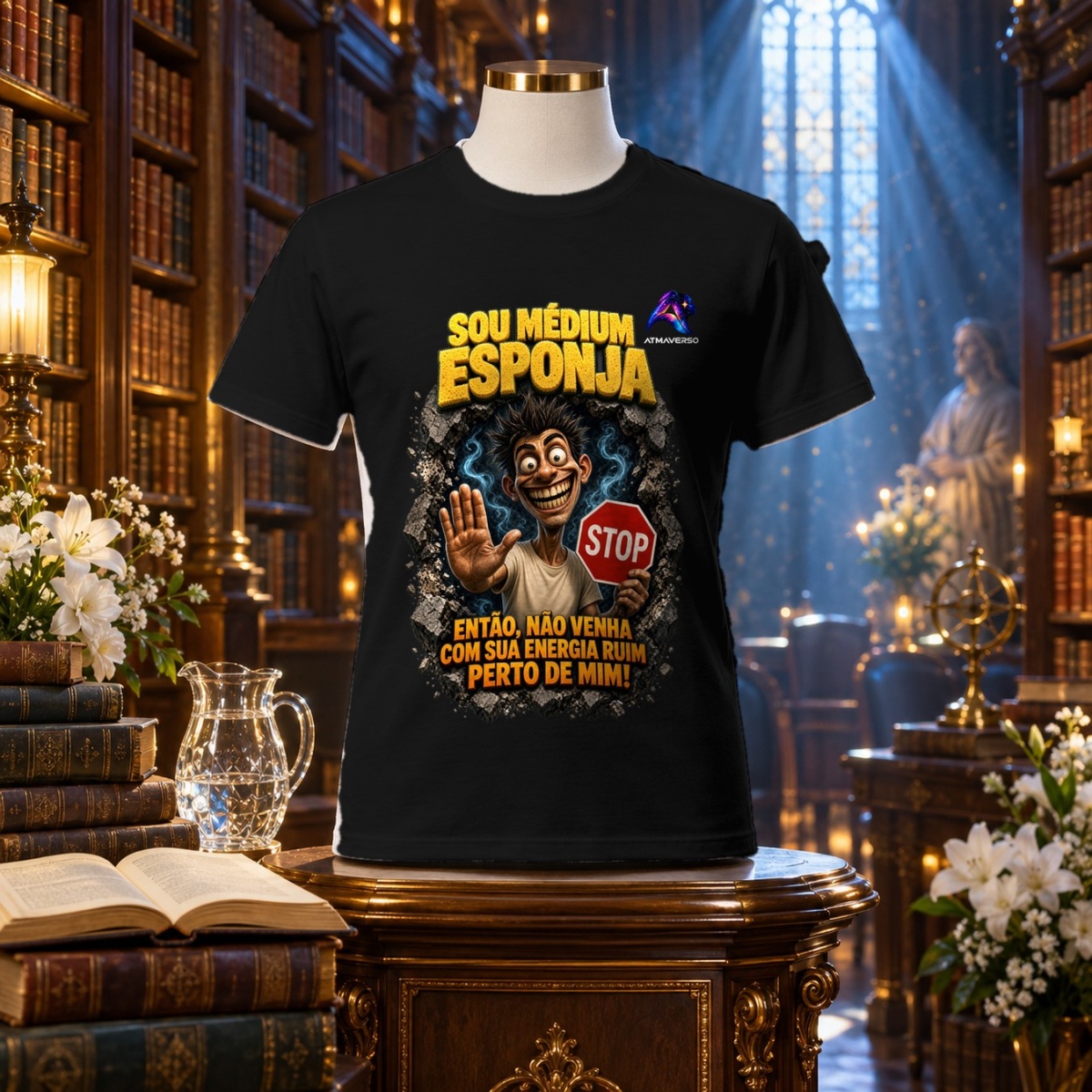 Camiseta Sou Médium Esponja — Não venha com sua energia ruim — Entre Risos e Energias | ATMAVERSO