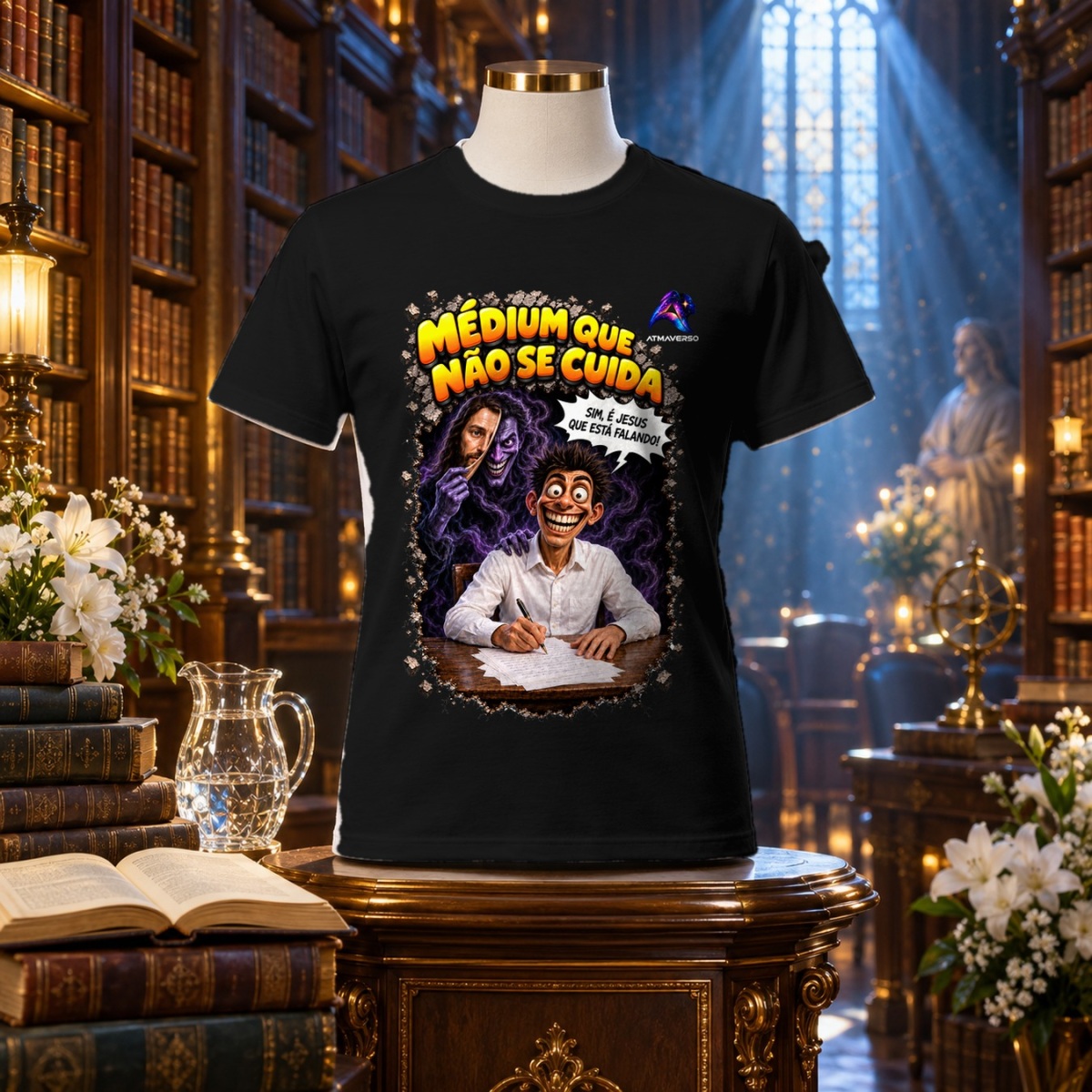Camiseta Médium que não se cuida — Psicografia — Entre Risos e Energias | ATMAVERSO