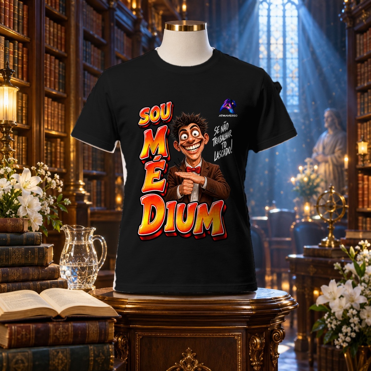 Camiseta Sou Médium — Se não trabalhar, tô lascado — Entre Risos e Energias | ATMAVERSO
