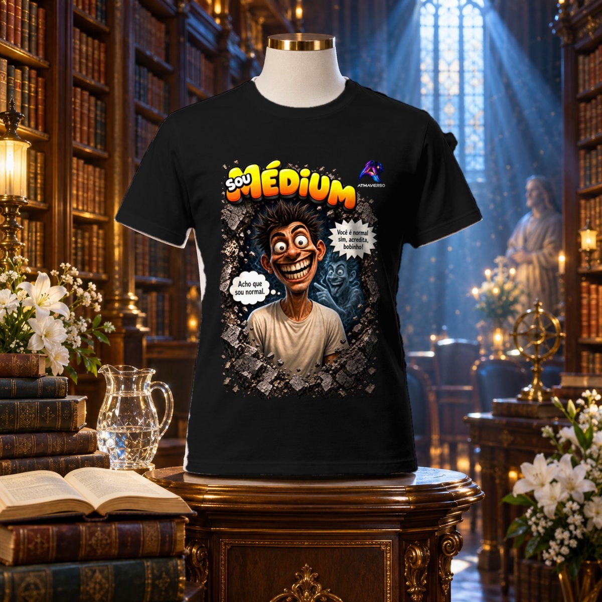 Camiseta Sou Médium — Acho que sou normal — Entre Risos e Energias | ATMAVERSO