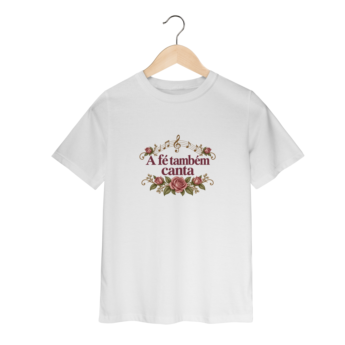 Camiseta Infantil | A Fé Também Canta e Que a Vida Seja Louvor — Estampa Grande Frente e Costas