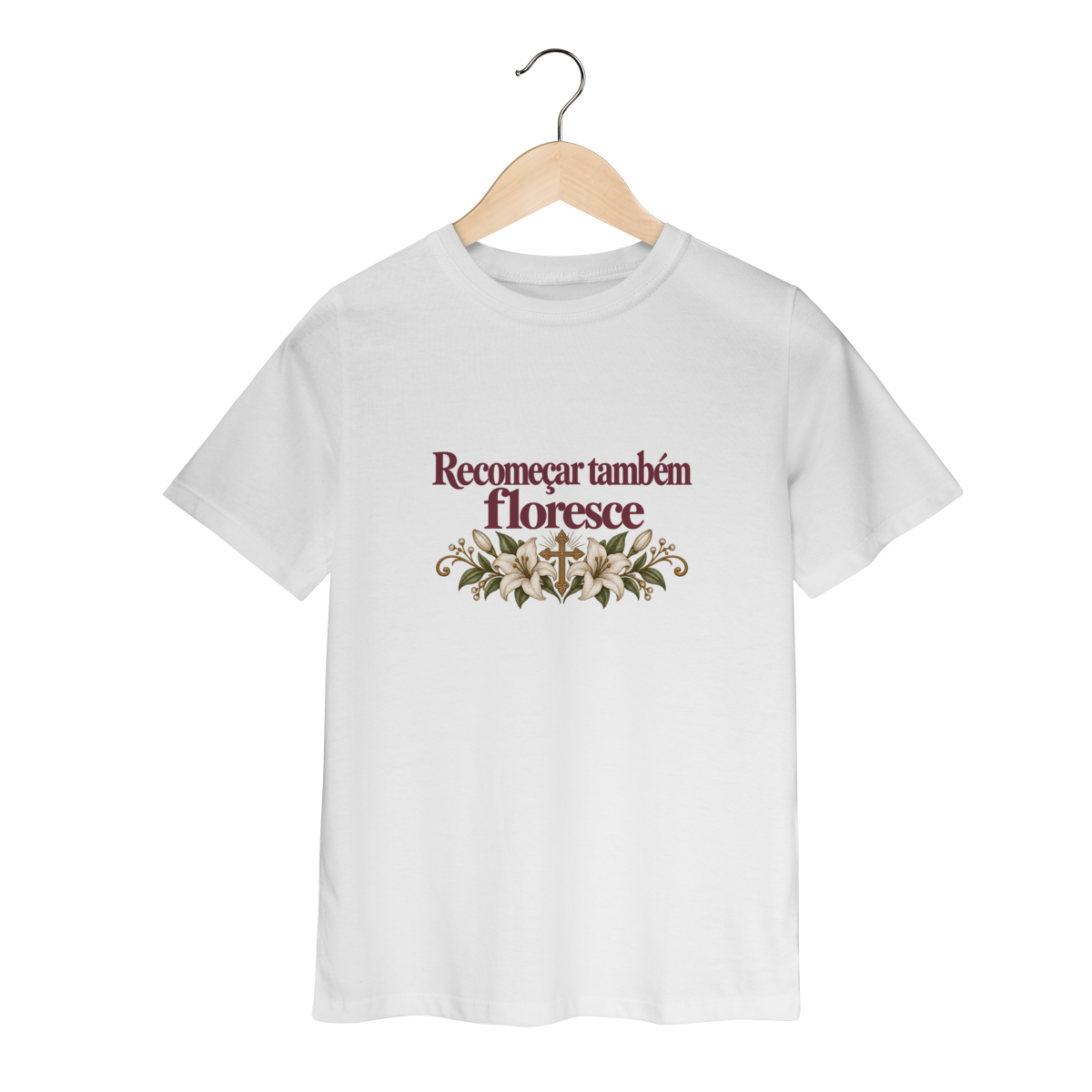 Camiseta Infantil | Recomeçar Também Floresce e A Misericórdia Vence — Estampa Grande Frente e Costas