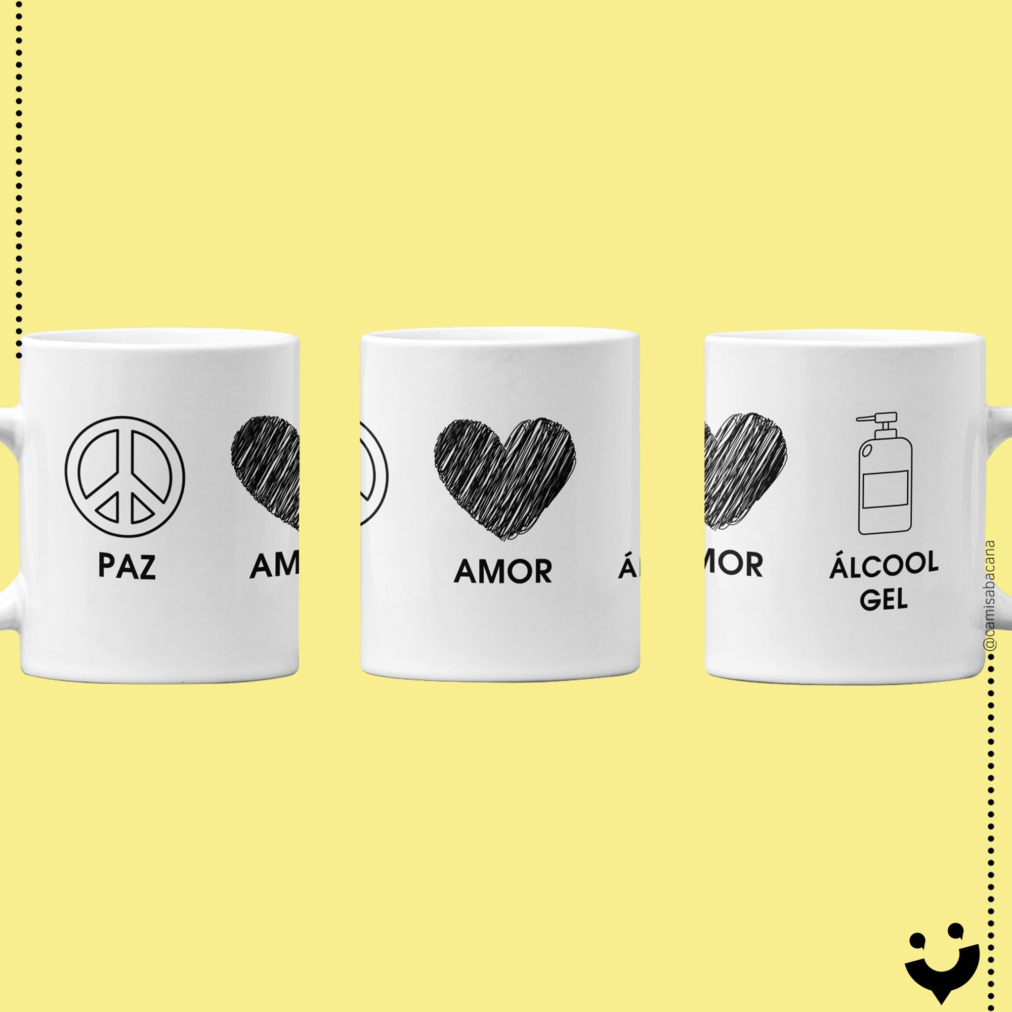 {Caneca Bacana} Paz, amor e álcool gel