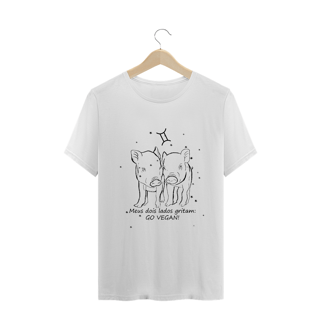 Nome do produto Camiseta Unissex | Gêmeos | Meus dois lados gritam: GO VEGAN! | P&B
