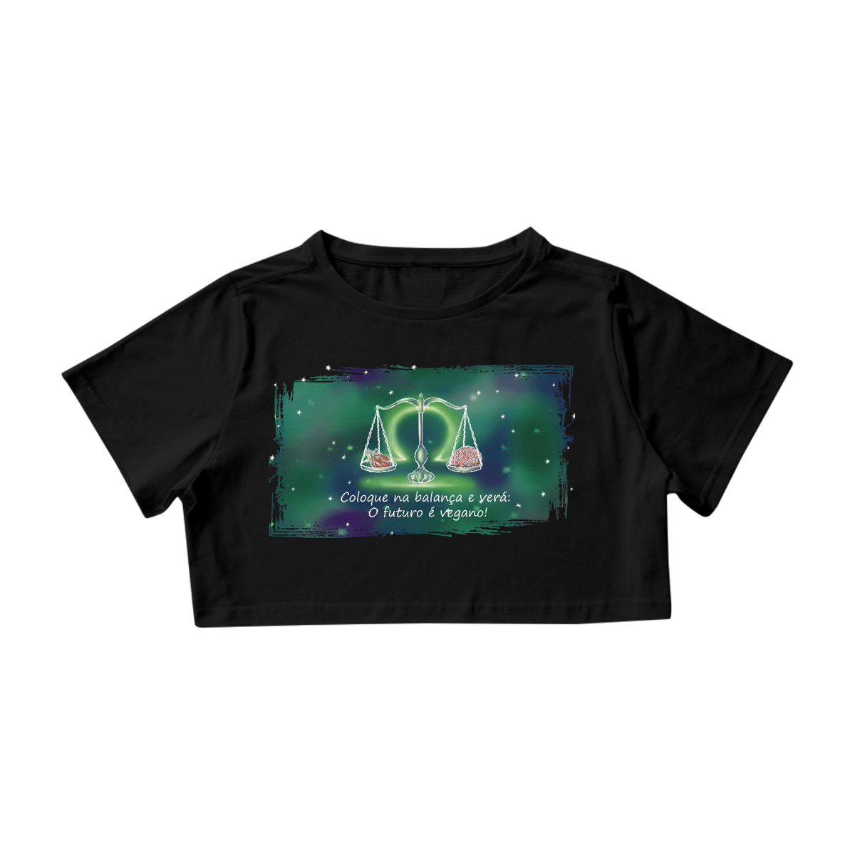 Nome do produto: Camiseta Cropped | Libra | Coloque na balança e verá: O futuro é vegano! | Color