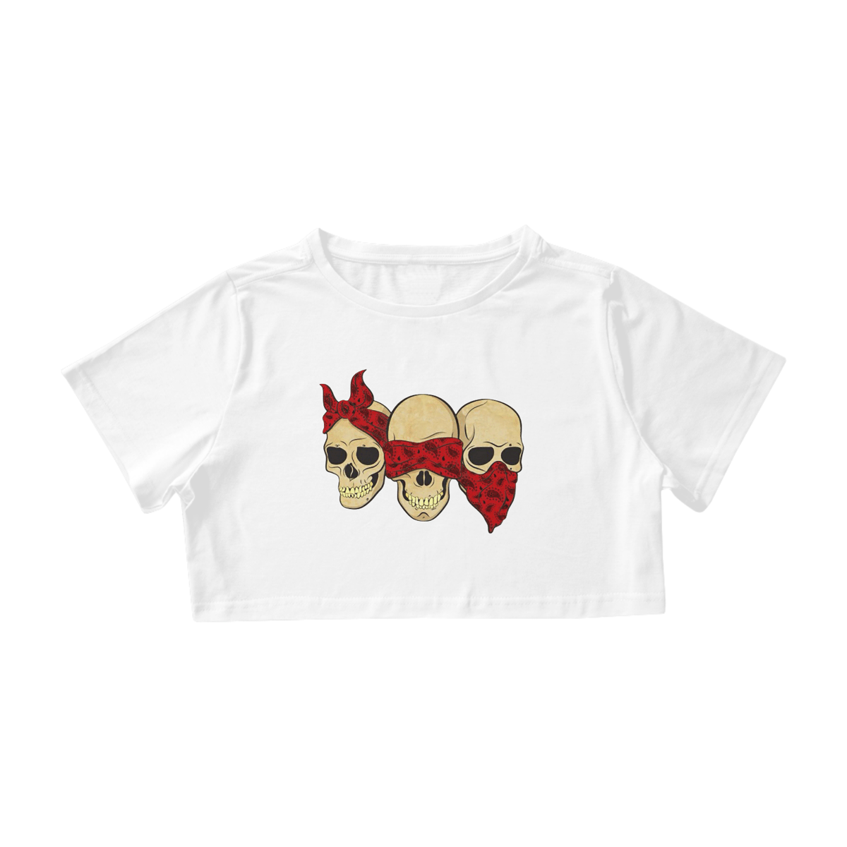 Nome do produto: T-SHIRT CROPPED CAVEIRAS NÃO ESCUTO, NÃO VEJO, NÃO FALO