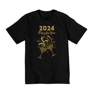 Nome do produto Camiseta Infantil (2 a 8) Ano Novo 2024 Brinde Glitter
