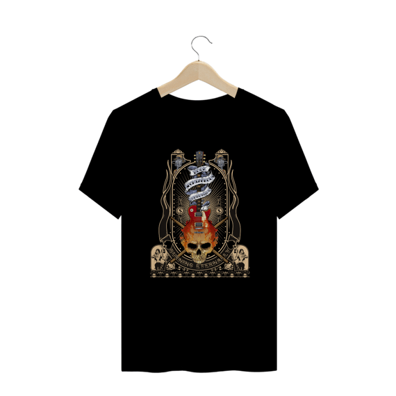 Camiseta Plus Size Rock Guitarra e Caveira Queimando