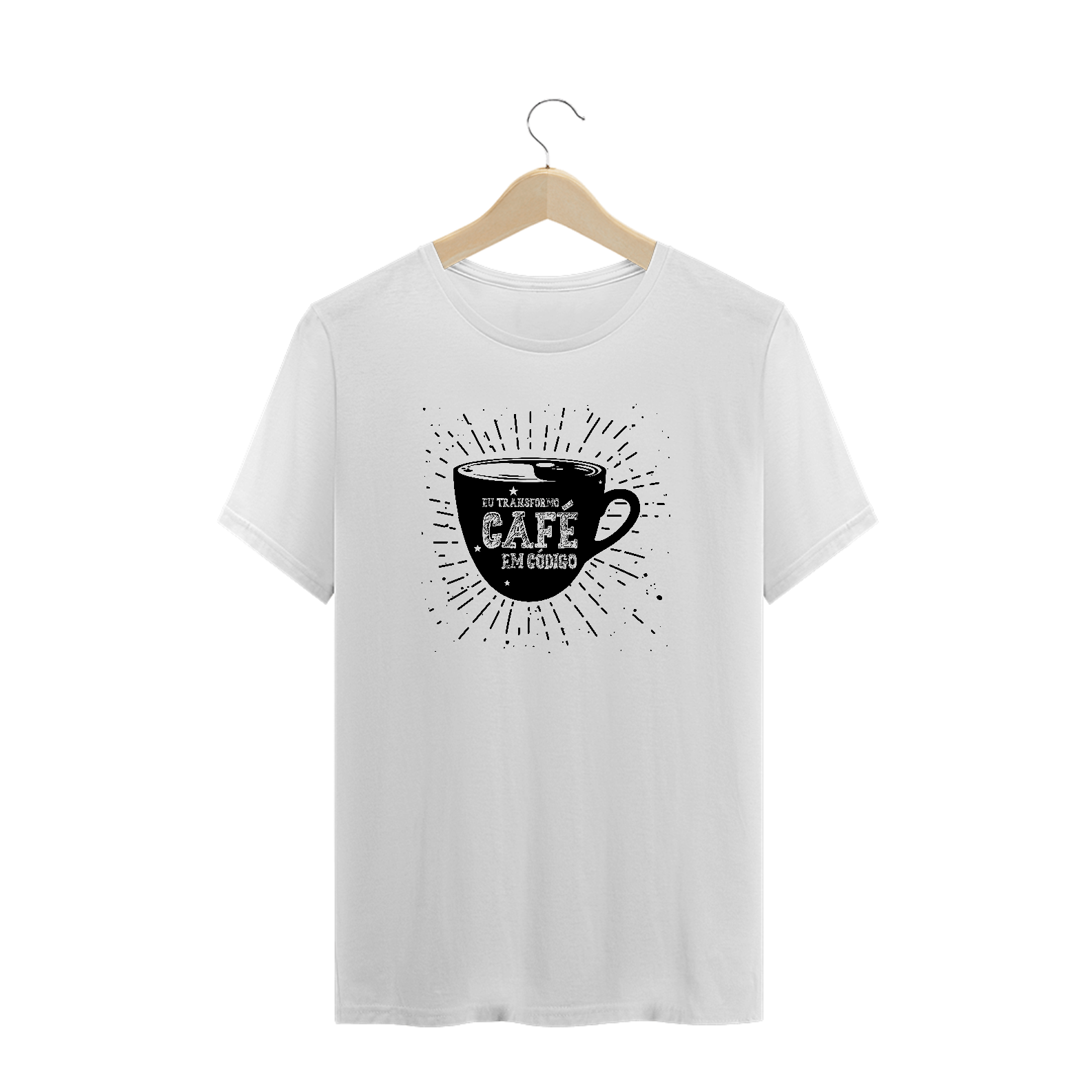 CAMISETA EU TRANSFORMO CAFÉ EM CÓDIGO BRANCA