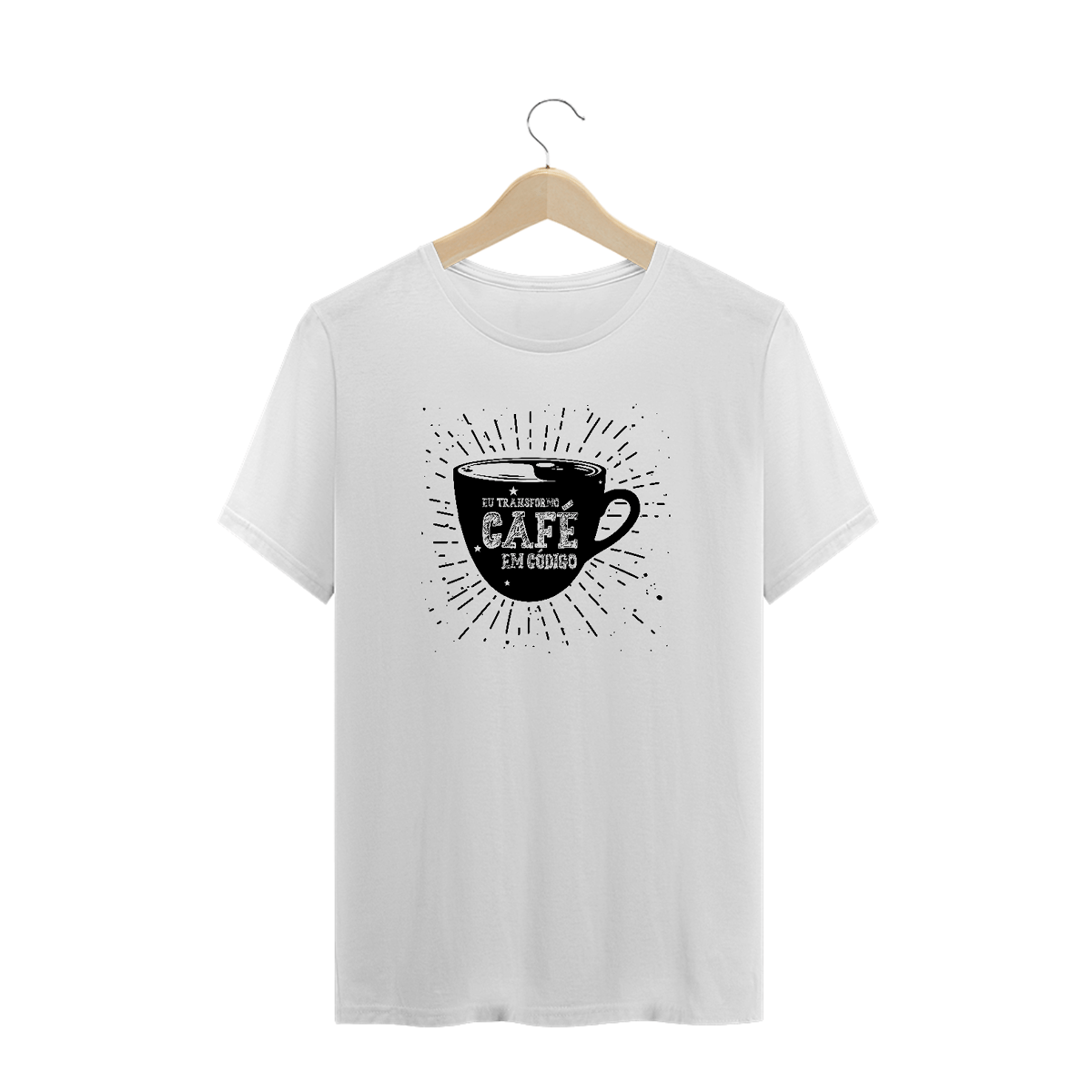 Nome do produto: CAMISETA EU TRANSFORMO CAFÉ EM CÓDIGO BRANCA