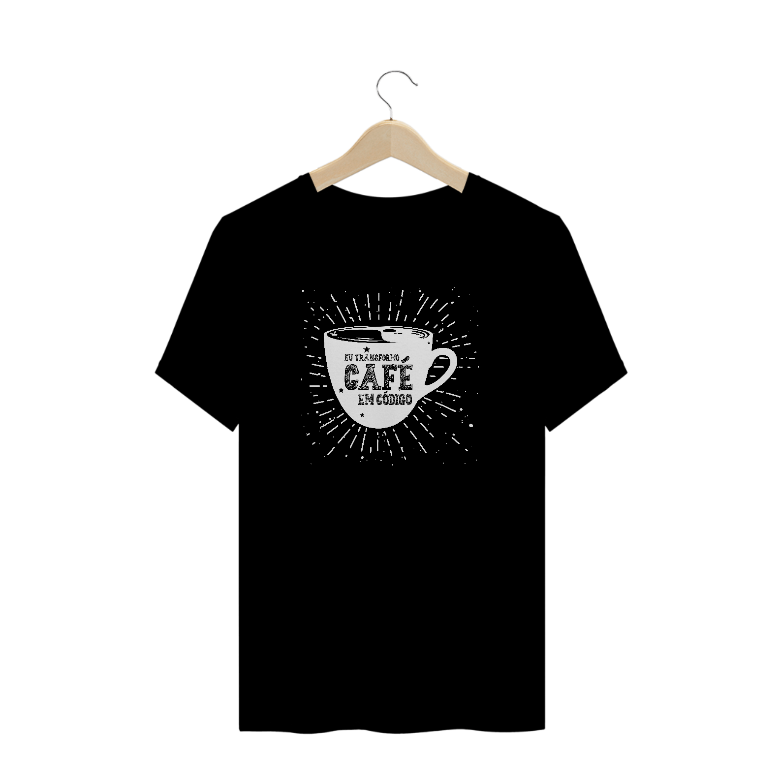 CAMISETA EU TRANSFORMO CAFÉ EM CÓDIGO PRETA