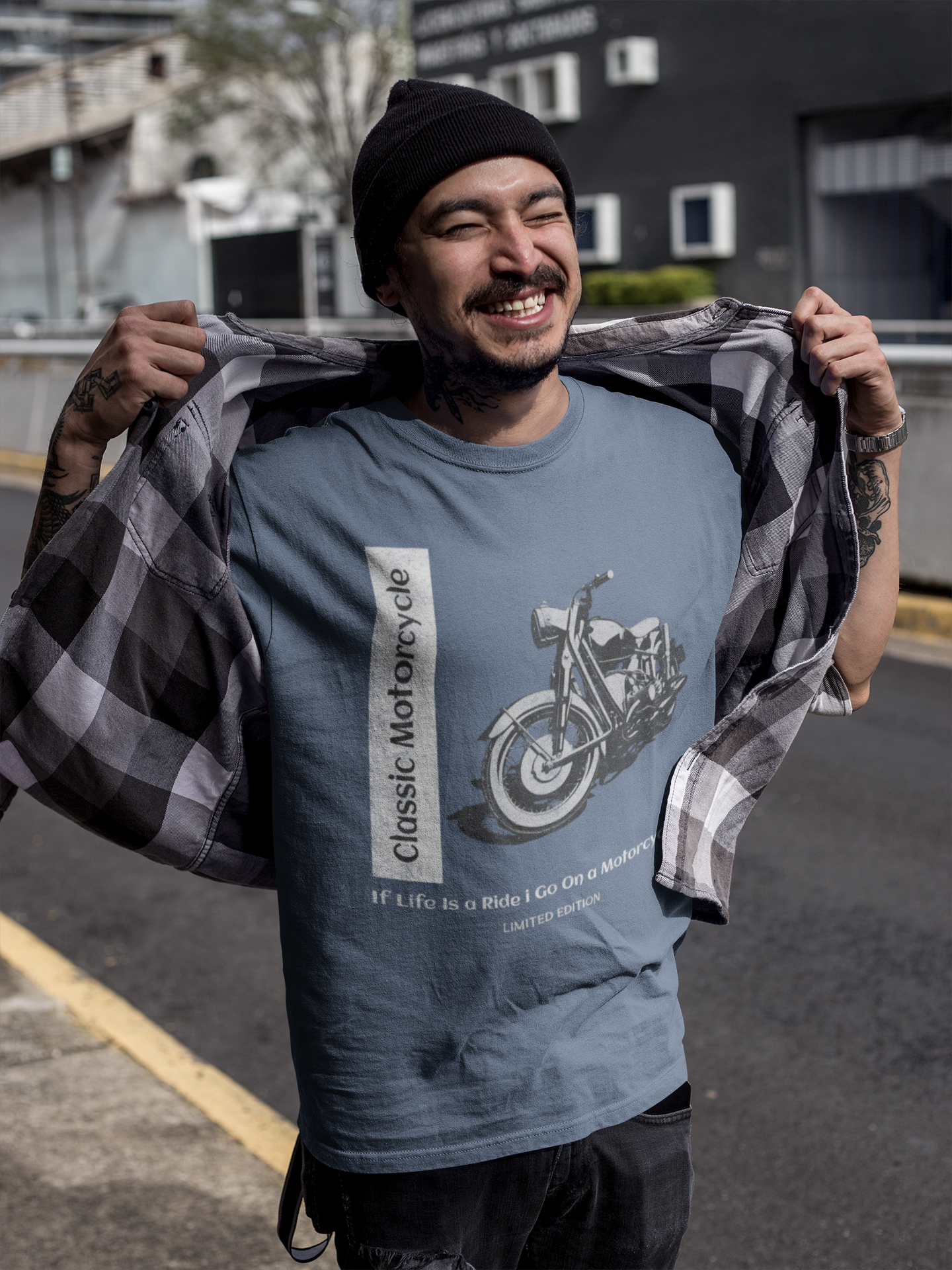 CAMISETA MASCULINA ESTONADA AZUL  CLASSIC MOTORCYCLE