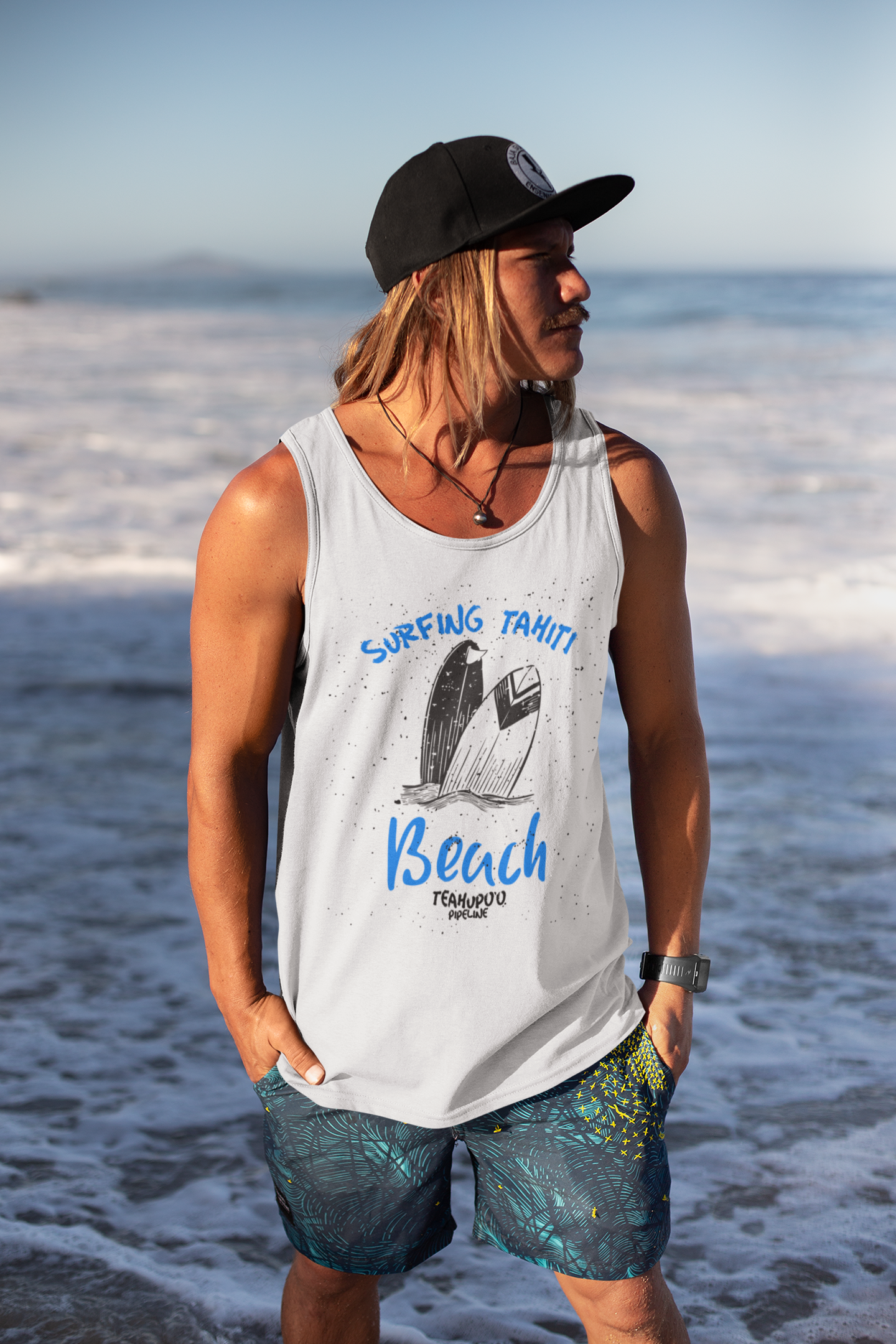 CAMISETA REGATA MASCULINA BRANCA  SURFING TAHITI