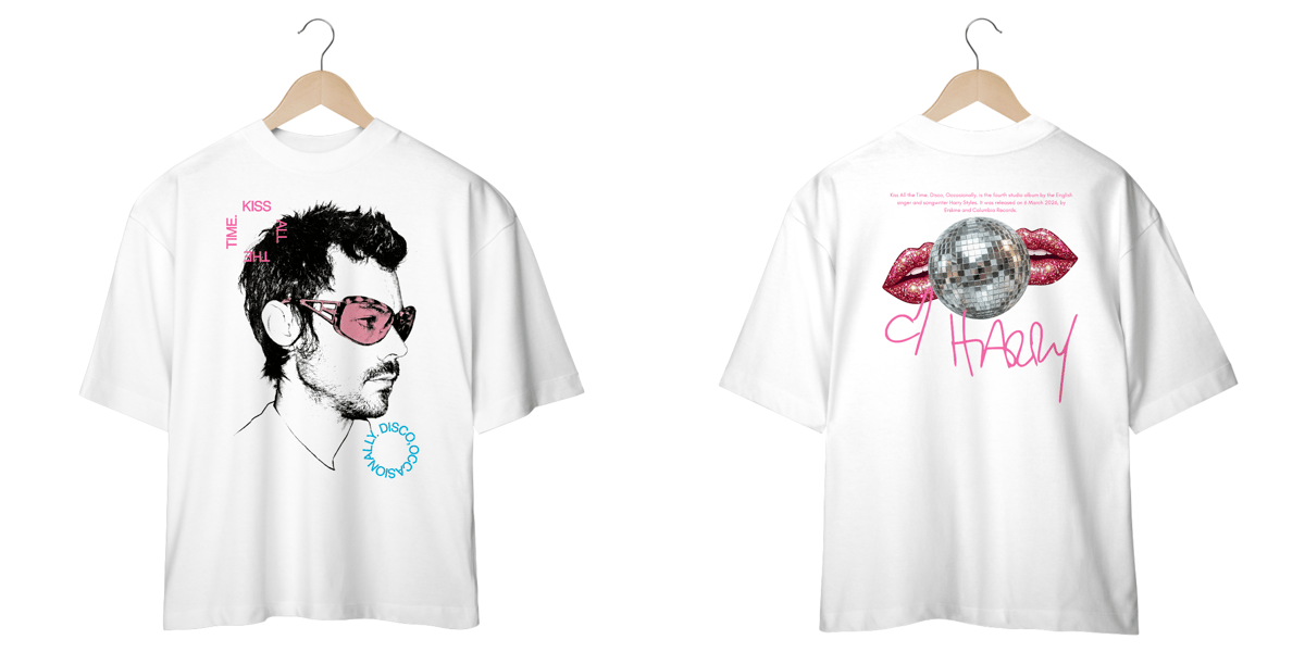 Nome do produto: Camiseta Oversized Harry StylesKiss All the Time. Disco, Occasionally (estampa Frente & Costas)