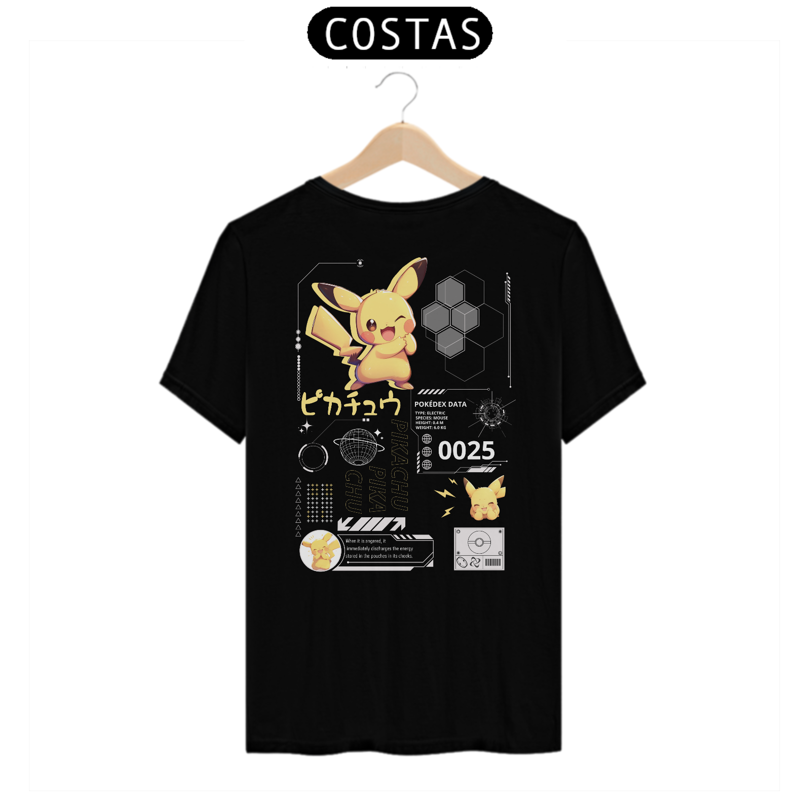 Camiseta Pikachu (Estampa nas Costas) Preta