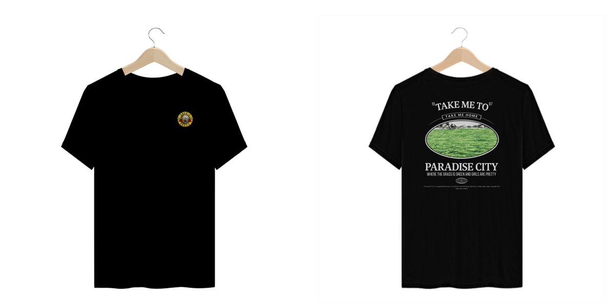 Nome do produto: Camiseta Plus Size Guns N\' Roses Paradise City (Preta, Estampa Frente e Costas)
