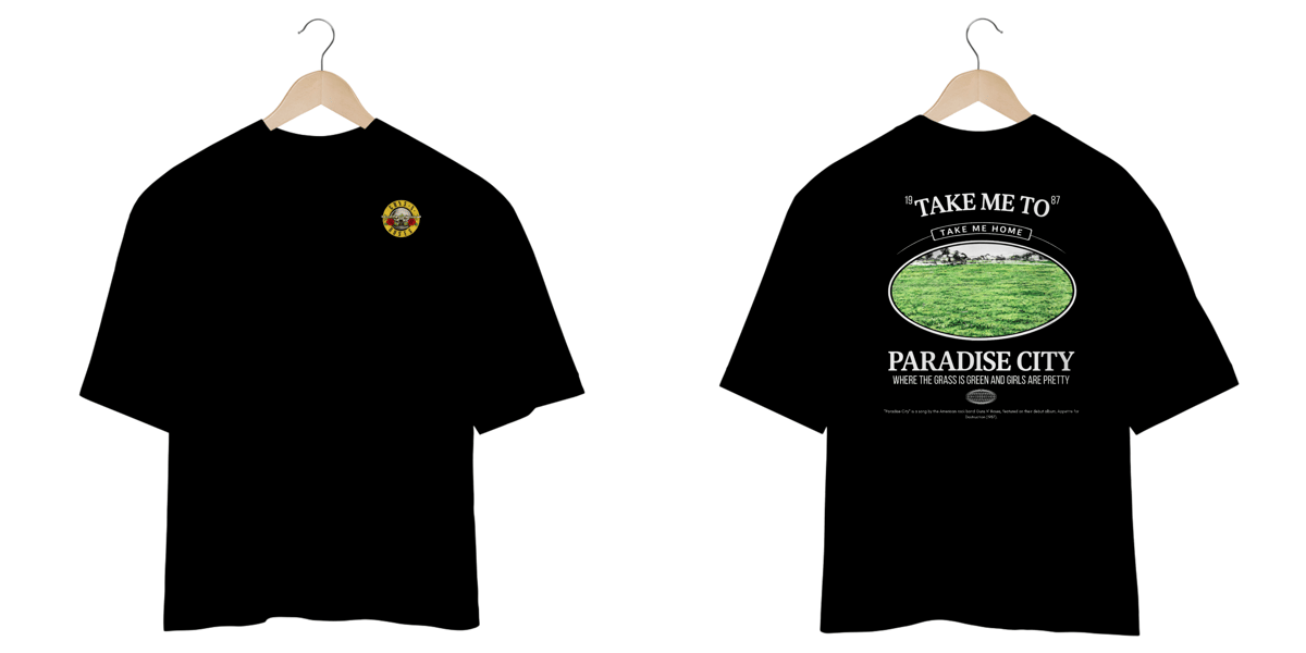 Nome do produto: Camiseta Oversized Guns N\' Roses Paradise City (Preta, Estampa Frente e Costas)