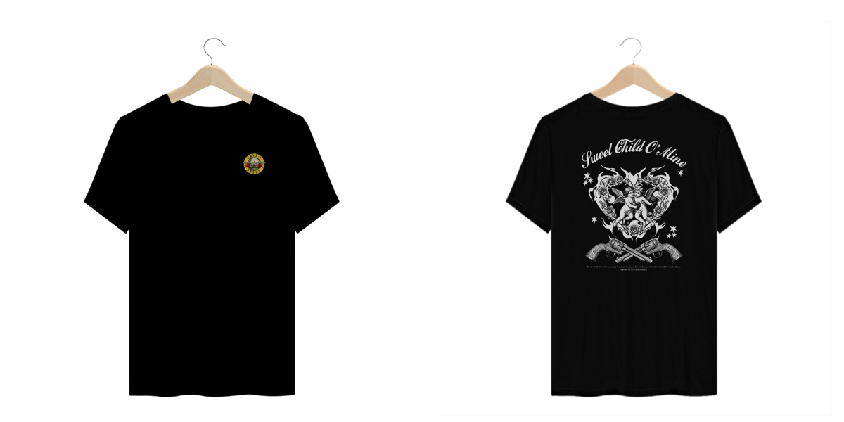 Nome do produto: Camiseta Plus Size Guns N\' Roses Sweet Child O\' Mine V2 (Preta, Estampa Frente e Costas)