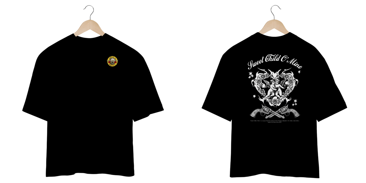 Nome do produto: Camiseta Guns N\' Roses Oversized Sweet Child O\' Mine V2 (Preta, Estampa Frente e Costas)
